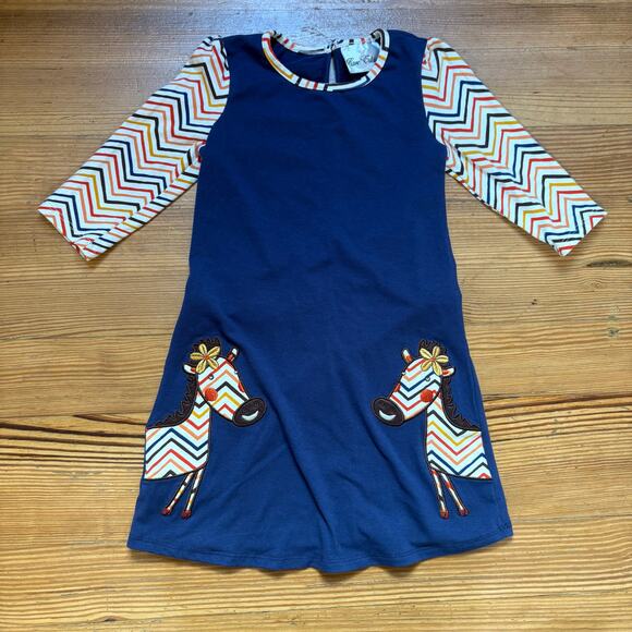 Rare Editions navy blue colorful zebra long sleeve cotton toddler dress SIZE 3T - Picture 1 of 4
